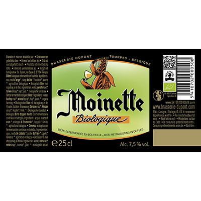 5410702000508 Moinette Bio<sup>1</sup> - 25cl Bottle conditioned organic beer (control BE-BIO-01) Sticker Front